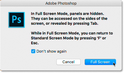 Las instrucciones del modo de pantalla completa en Photoshop.