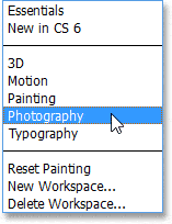 Elección del espacio de trabajo de fotografía en Photoshop CS6.