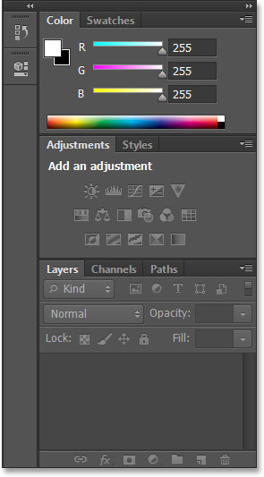 Los paneles del espacio de trabajo de Essentials en Photoshop CS6.
