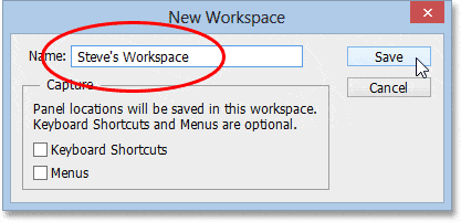 Nombrar el nuevo espacio de trabajo en Photoshop CS6.