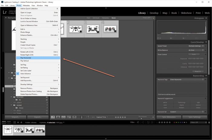una captura de pantalla que muestra cómo voltear varias imágenes en Lightroom