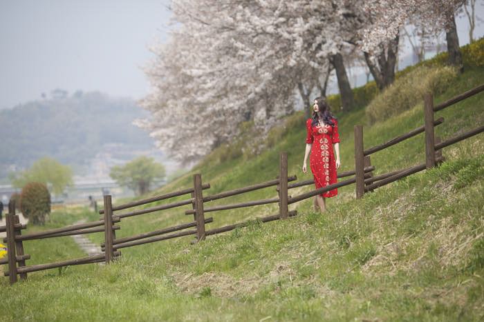 Una modelo femenina con vestido rojo caminando por los campos del campo - la regla de la fotografía espacial
