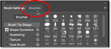 Cambiar al panel Pinceles desde el panel Configuración de pincel en Photoshop CC 2018