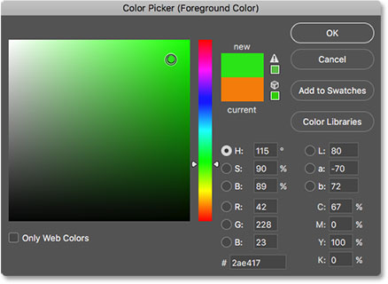 Elegir verde para el nuevo color de pincel en el Selector de color en Photoshop