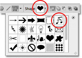 Seleccionar la forma de notas musicales personalizadas en Photoshop.