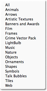 La lista de conjuntos de formas adicionales que se incluyen con Photoshop.