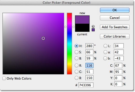 Elegir púrpura del Selector de color en Photoshop.