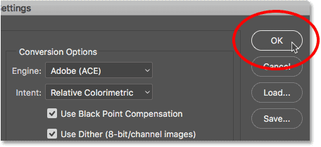 Cerrar el cuadro de diálogo Configuración de color en Photoshop.
