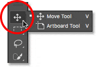 La herramienta Mover y la herramienta Mesa de trabajo comparten el mismo lugar en la barra de herramientas.
