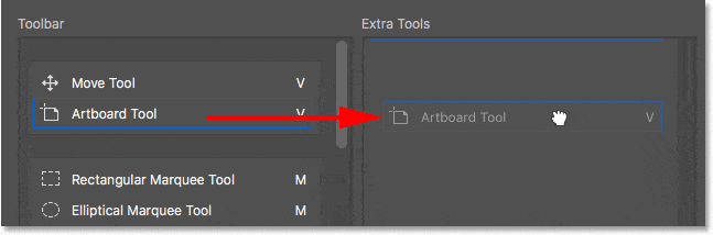 Arrastrar una herramienta desde la columna Barra de herramientas a la columna Herramientas adicionales en el cuadro de diálogo Personalizar barra de herramientas.