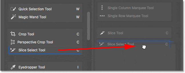 Haciendo clic y arrastrando las herramientas Slice y Slice Select a la columna Extra Tools.