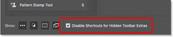 La opción "Deshabilitar accesos directos para extras ocultos de la barra de herramientas".