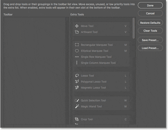 El cuadro de diálogo Personalizar barra de herramientas después de hacer clic en el botón Borrar herramientas.