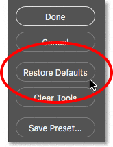 El botón Restaurar valores predeterminados en el cuadro de diálogo Personalizar barra de herramientas.