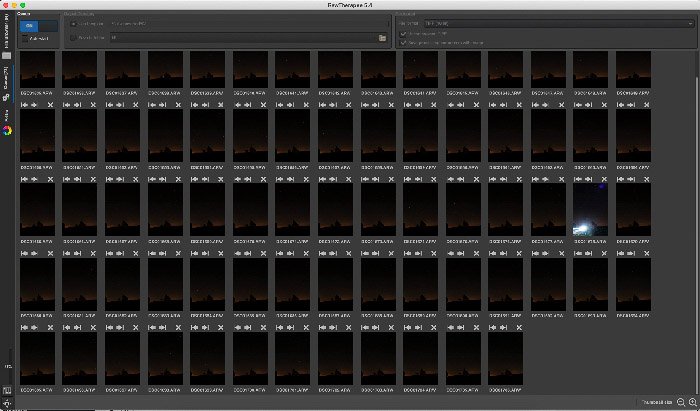 Captura de pantalla de la conversión de archivos RAW en imágenes TIFF de 16 bits con RawTherapee.