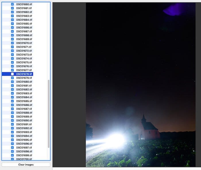 Captura de pantalla de selección de imágenes en el software Starstax