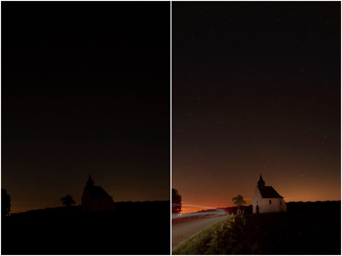 Díptico que compara los resultados de promediar 10 imágenes (izquierda) en comparación con Promedio + exposición creciente (1EV) para el mismo conjunto de imágenes (derecha).