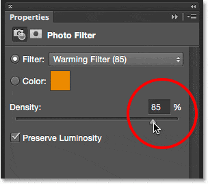 Elegir el Filtro cálido (85) y aumentar la Densidad para el Filtro fotográfico.