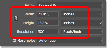 Cuadro de diálogo Tamaño de imagen de Photoshop que muestra el tamaño de impresión en función de la resolución actual