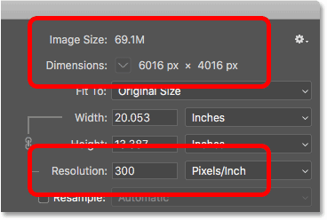 El tamaño y la resolución de la imagen actual en el cuadro de diálogo Tamaño de imagen de Photoshop