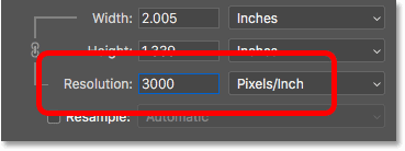 Aumento de la resolución de la imagen a 3000 píxeles / pulgada en el cuadro de diálogo Tamaño de imagen en Photoshop