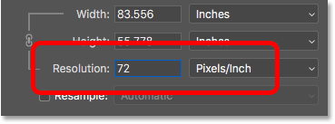 Reducir la resolución de la imagen a la resolución web común de 72ppi en el cuadro de diálogo Tamaño de imagen en Photoshop