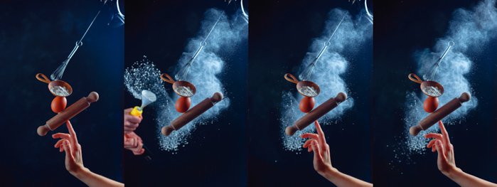 Photogrid que muestra las etapas de fotografiar un bodegón usando utensilios de cocina voladores y nubes de harina - foto creativa de bodegones