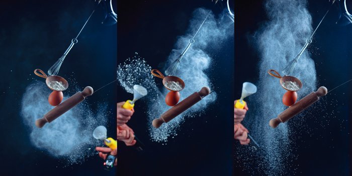 Tríptico que muestra las etapas de tomar una foto de naturaleza muerta creativa usando utensilios de cocina voladores y nubes de harina