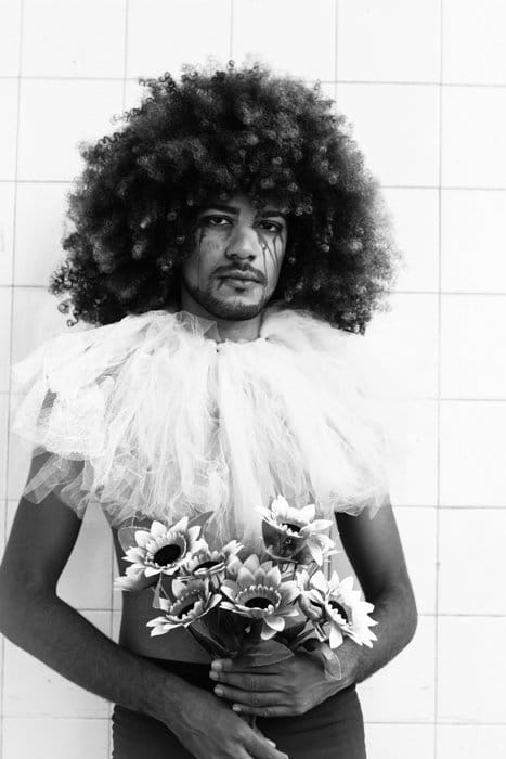 imagen estilística de una persona con un afro sosteniendo flores falsas