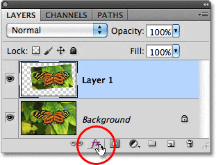El icono de Estilos de capa en el panel Capas en Photoshop.