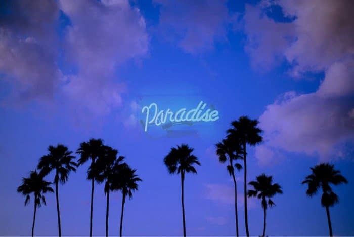 Una foto de palmeras con un letrero de neón que dice 'Paraíso', creada superponiendo dos fotos