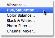 Elegir una capa de ajuste de Tono / Saturación en Photoshop.