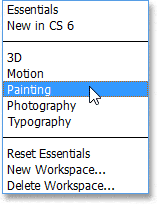 Elección del espacio de trabajo de pintura en Photoshop CS6.