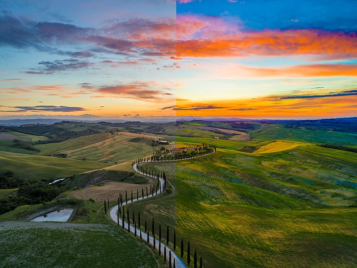 Un paisaje impresionante dividido por la mitad para mostrar la diferencia entre usar vibración y saturación 