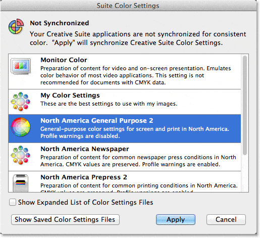 El cuadro de diálogo Configuración de color en Adobe Bridge.