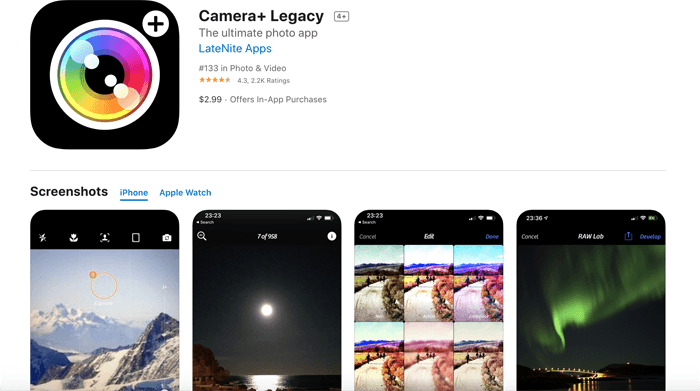 Una captura de pantalla de la aplicación Camera+ Legacy