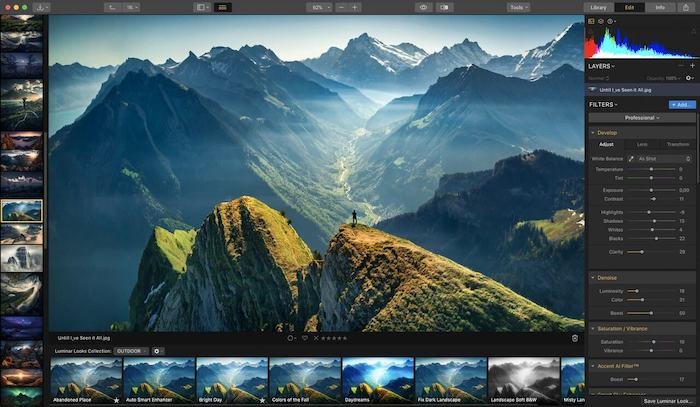 Captura de pantalla de la interfaz del software alternativo Sky Luminar de Lightroom con una foto de paisaje de montaña