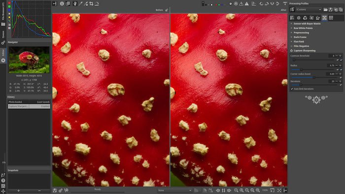 Captura de pantalla de la interfaz del software RawTherapee alternativo de Lightroom con una imagen de primer plano de fresas