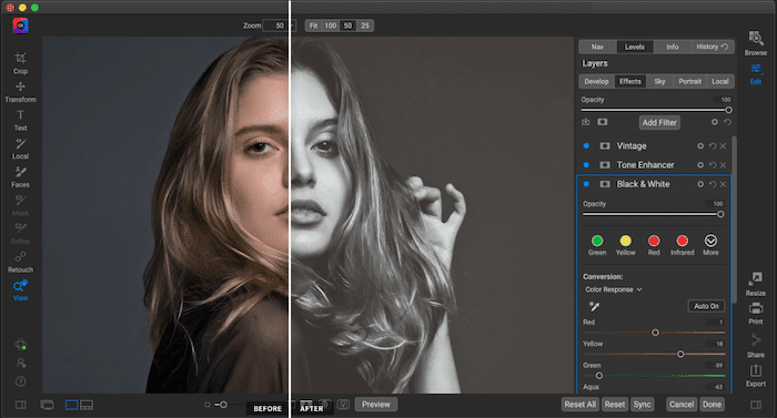 Captura de pantalla de la interfaz del software Lightroom Alternative ON1 Photo RAW con un retrato en pantalla dividida de una mujer que muestra el antes y el después de las ediciones