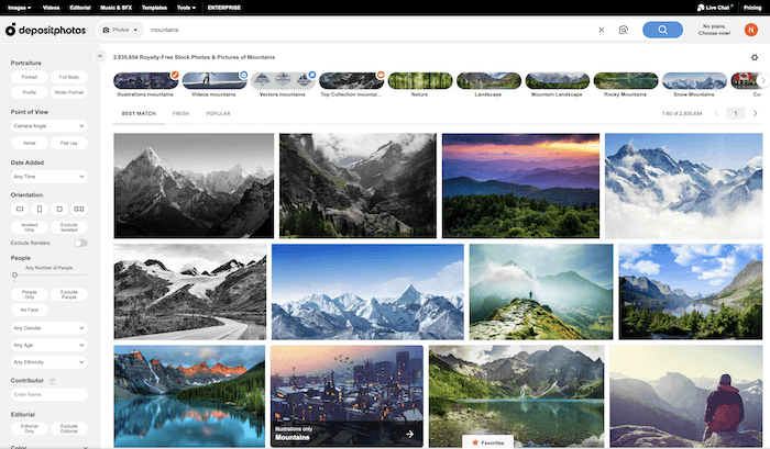 mejores sitios de fotos de archivo: captura de pantalla de depositphotos.com después de buscar un paisaje de montaña