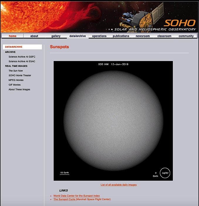 captura de pantalla del sitio web de la misión SOHO Nasa - consejos de fotografía solar