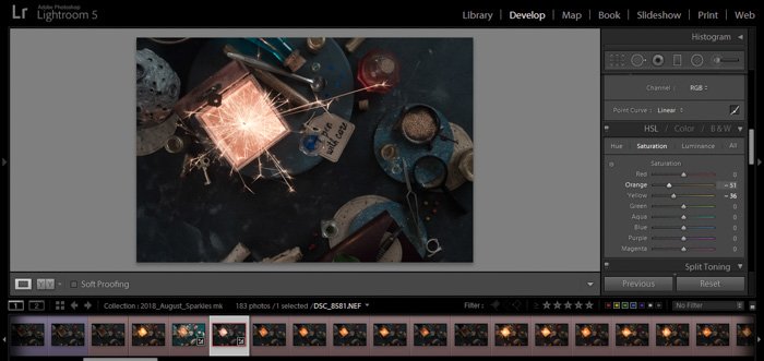 Una captura de pantalla de la edición de fotografías de bengalas en Lightroom