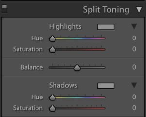 Una captura de pantalla que muestra cómo utilizar el tono dividido en Lightroom
