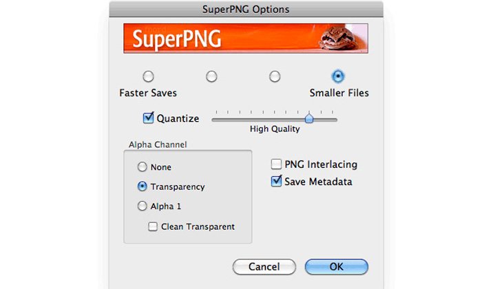 Captura de pantalla del menú de opciones SuperPNG
