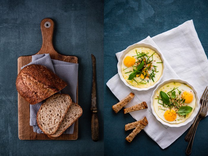 Un díptico de fotografías aéreas de alimentos de pan sobre una tabla de madera y dos tazones de huevos cocidos, ambos sobre un fondo azul oscuro
