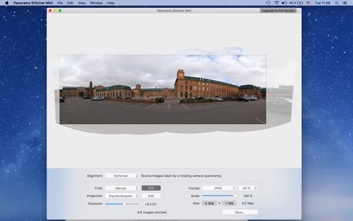 Captura de pantalla de la interfaz del software Panorama Stitcher