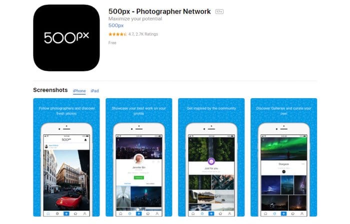 Captura de pantalla de la página de inicio de 500px: la mejor aplicación de almacenamiento de fotos