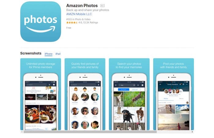 Captura de pantalla de la página de inicio de la aplicación de almacenamiento de fotos Amazon Photos