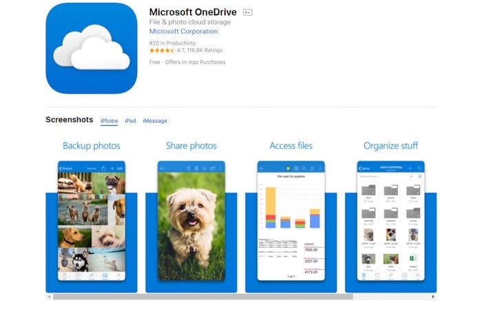Captura de pantalla de la página de inicio de la aplicación Microsoft Onedrive: la mejor aplicación de almacenamiento de fotos