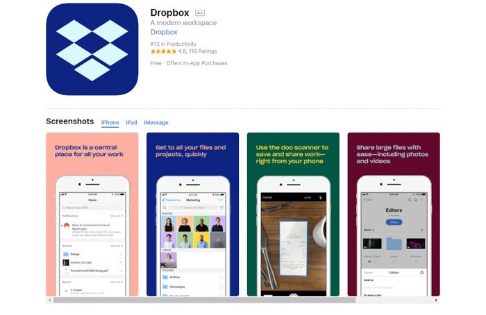 Captura de pantalla de la página de inicio de la aplicación de almacenamiento de fotos de Dropbox